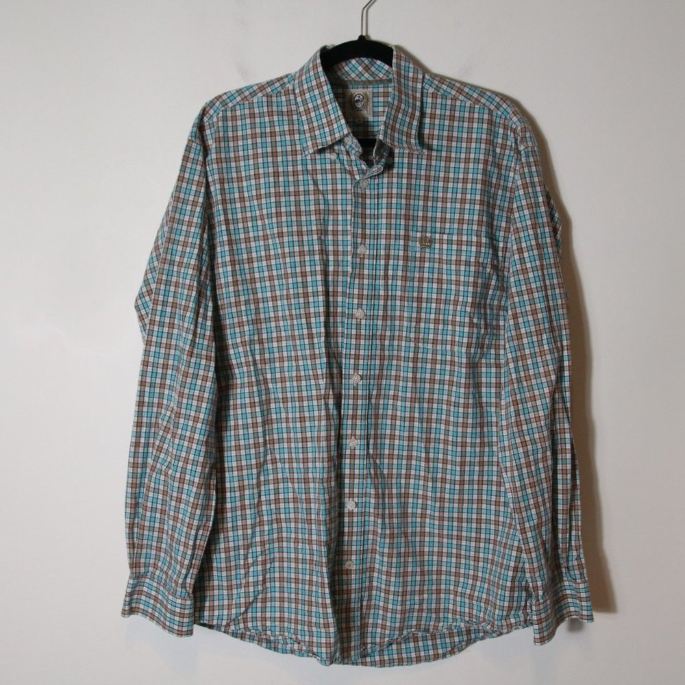 Cinch Mens Blue Brown Plaid Button Down Shirt Size Medium Western 100% Cotton